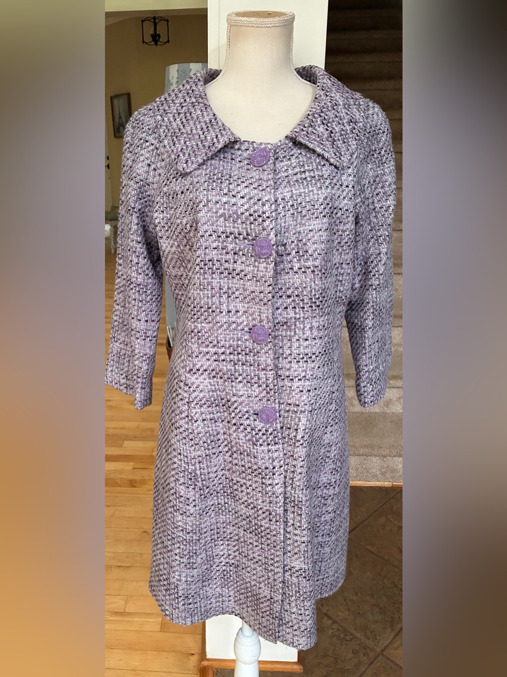 bebe Purple Retro Style Wool blend Tweed Coat
